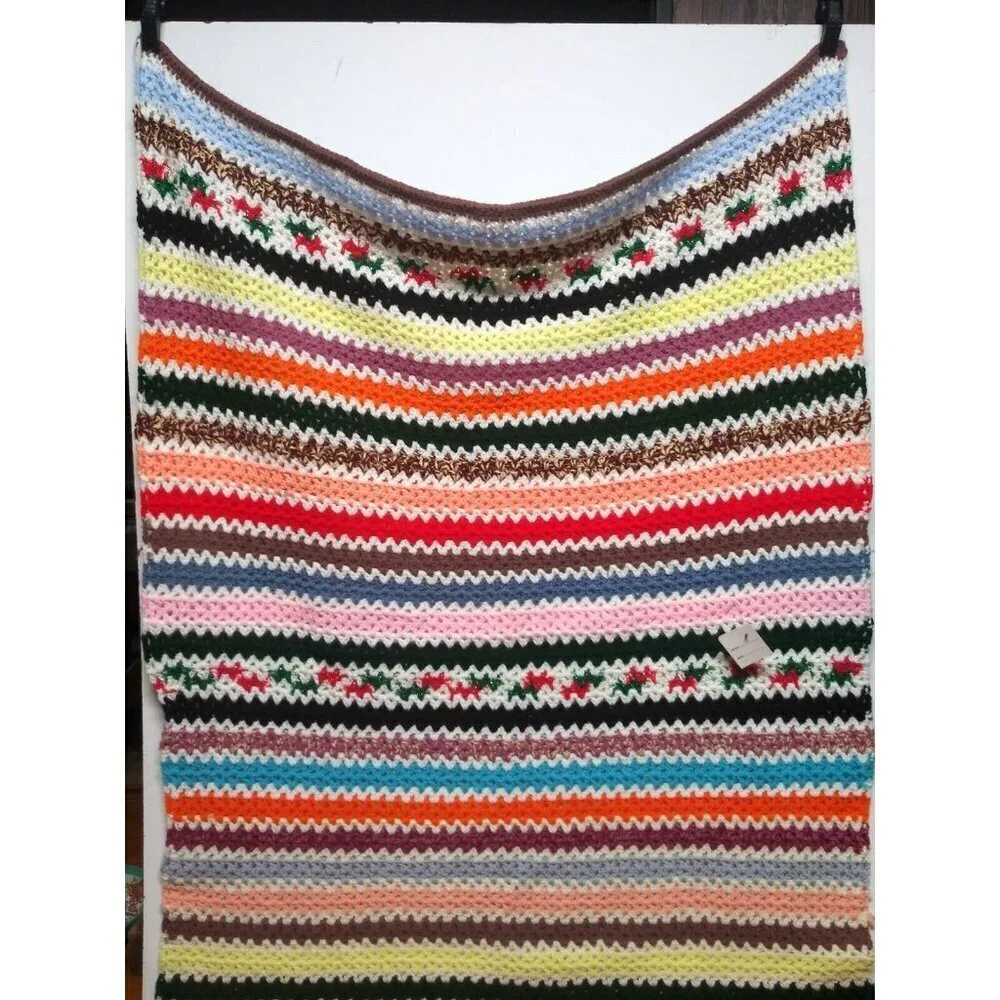 Hand Knit Afghan Fringe Multicolor Striped Throw Blanket 60.5